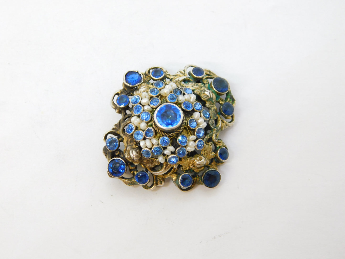19th Century Austro-Hungarian Silver, Sapphire, Seed Pearl Brooch Antique c1860