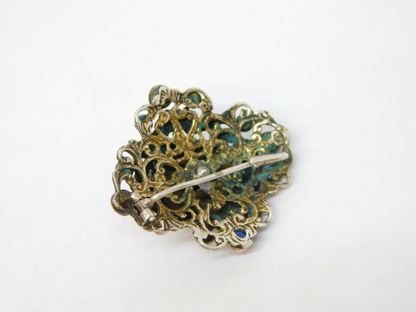 19th Century Austro-Hungarian Silver, Sapphire, Seed Pearl Brooch Antique c1860