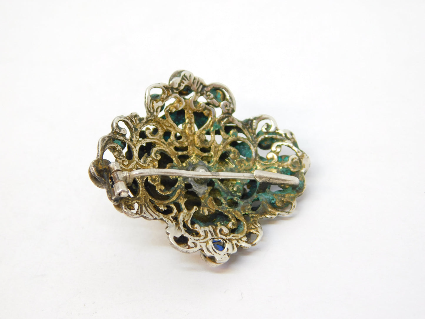 19th Century Austro-Hungarian Silver, Sapphire, Seed Pearl Brooch Antique c1860
