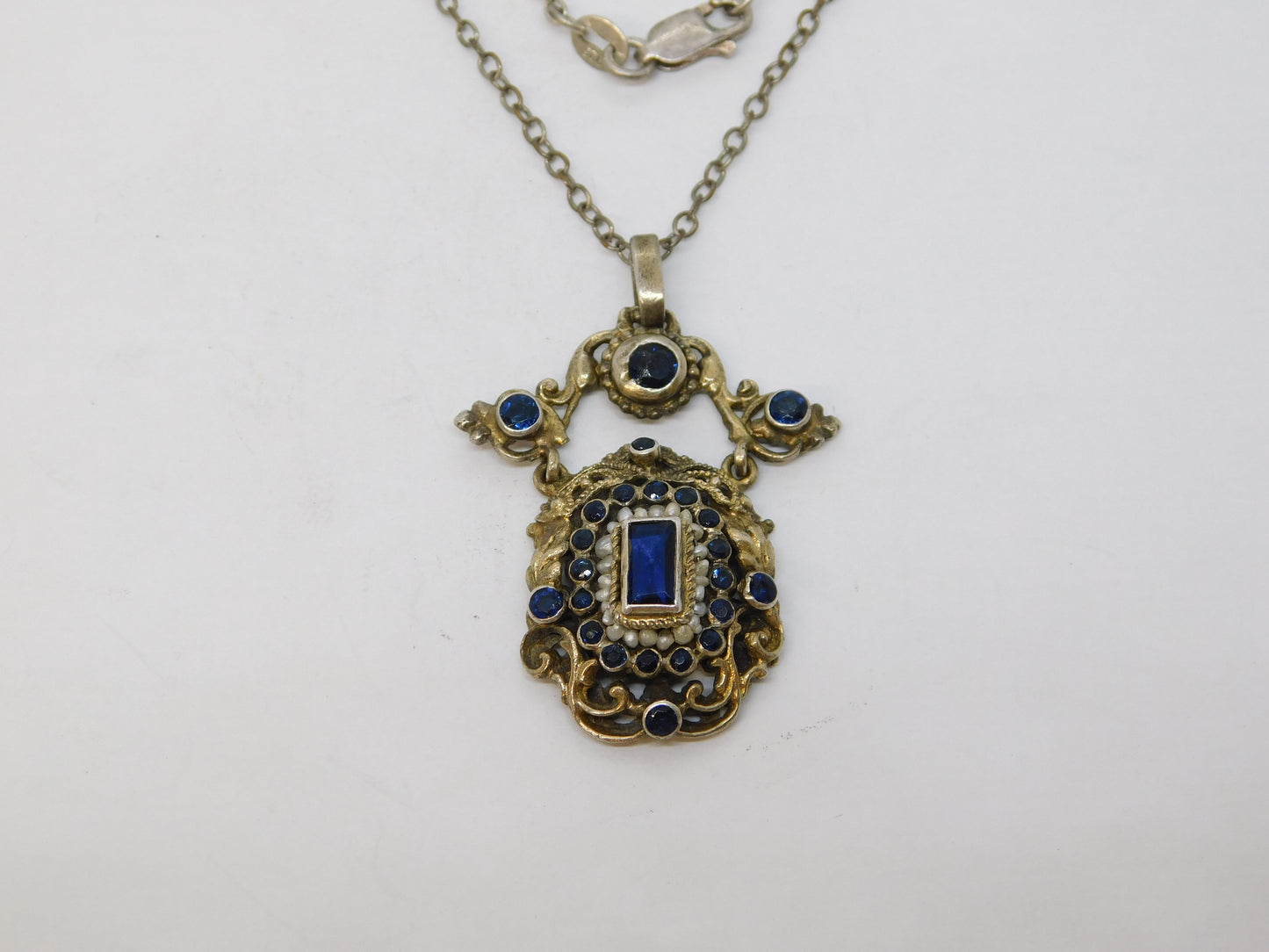 19th Century Austro-Hungarian Silver, Sapphire, Seed Pearl Pendant Necklace c1860