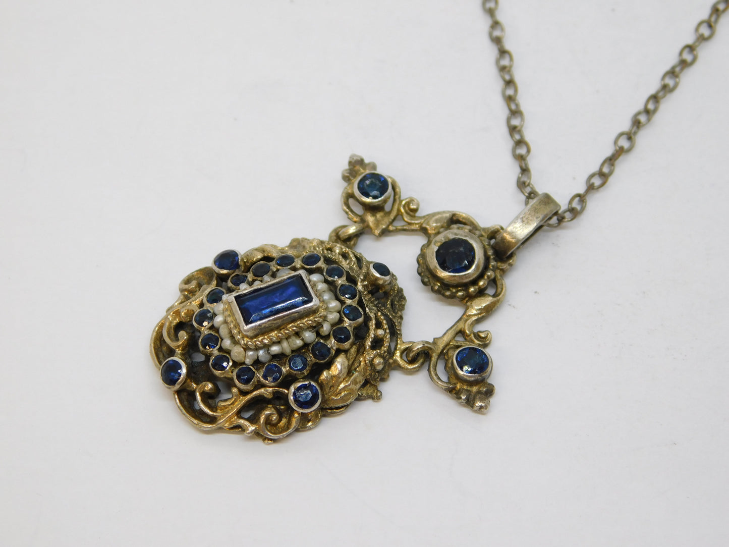 19th Century Austro-Hungarian Silver, Sapphire, Seed Pearl Pendant Necklace c1860