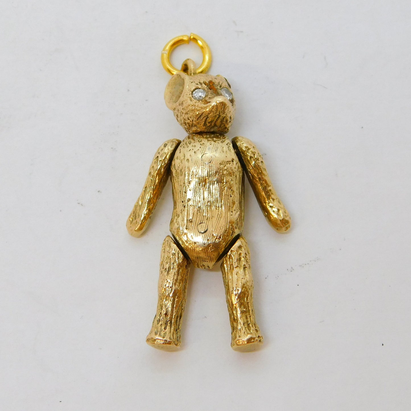 9ct Yellow Gold Diamond Eye Articulated Teddy Bear Pendant Vintage 1966 London