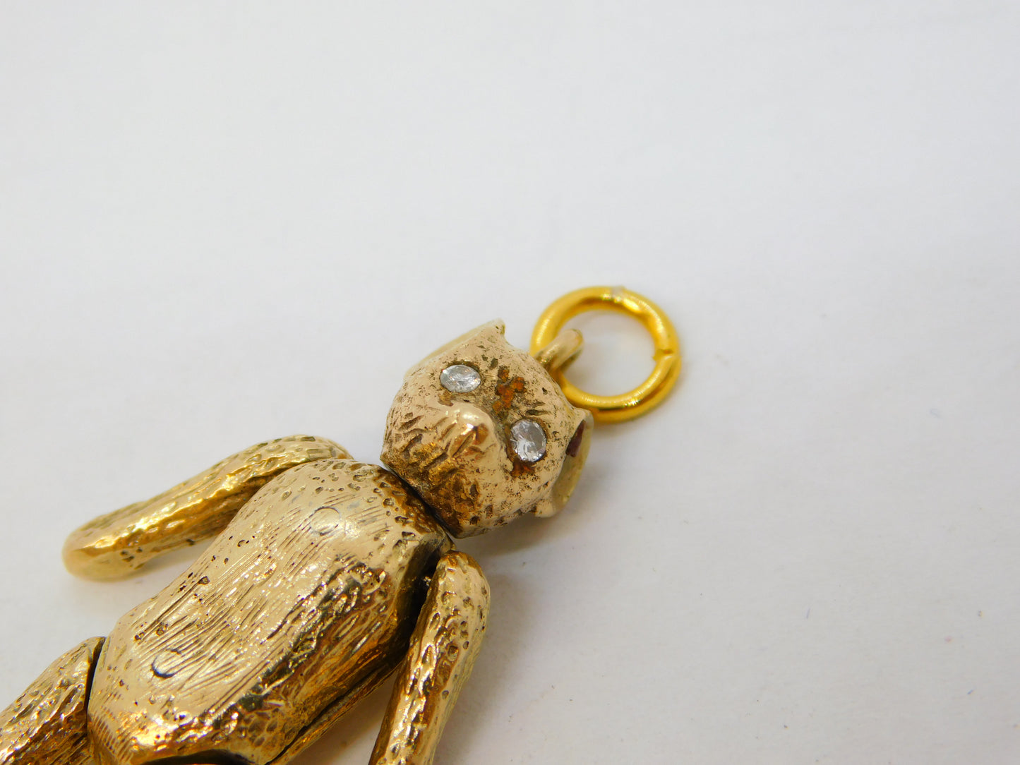 9ct Yellow Gold Diamond Eye Articulated Teddy Bear Pendant Vintage 1966 London
