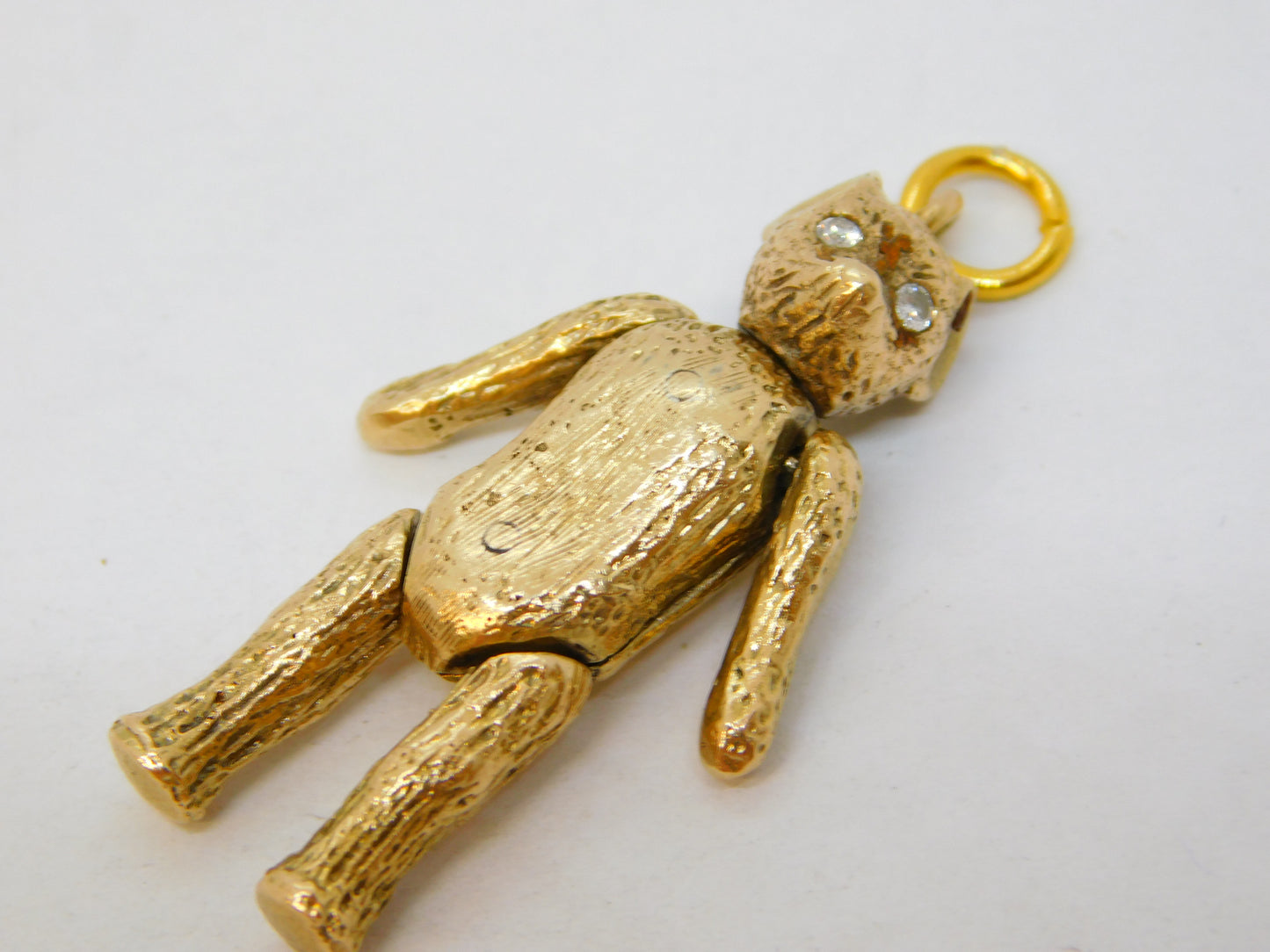 9ct Yellow Gold Diamond Eye Articulated Teddy Bear Pendant Vintage 1966 London