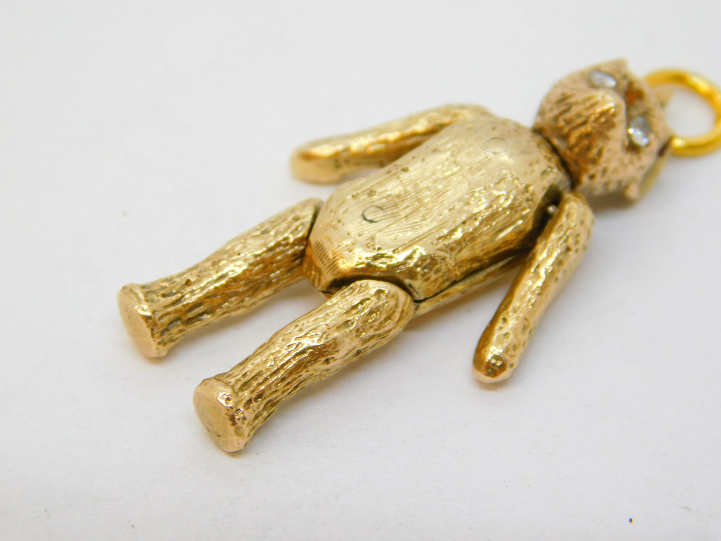 9ct Yellow Gold Diamond Eye Articulated Teddy Bear Pendant Vintage 1966 London