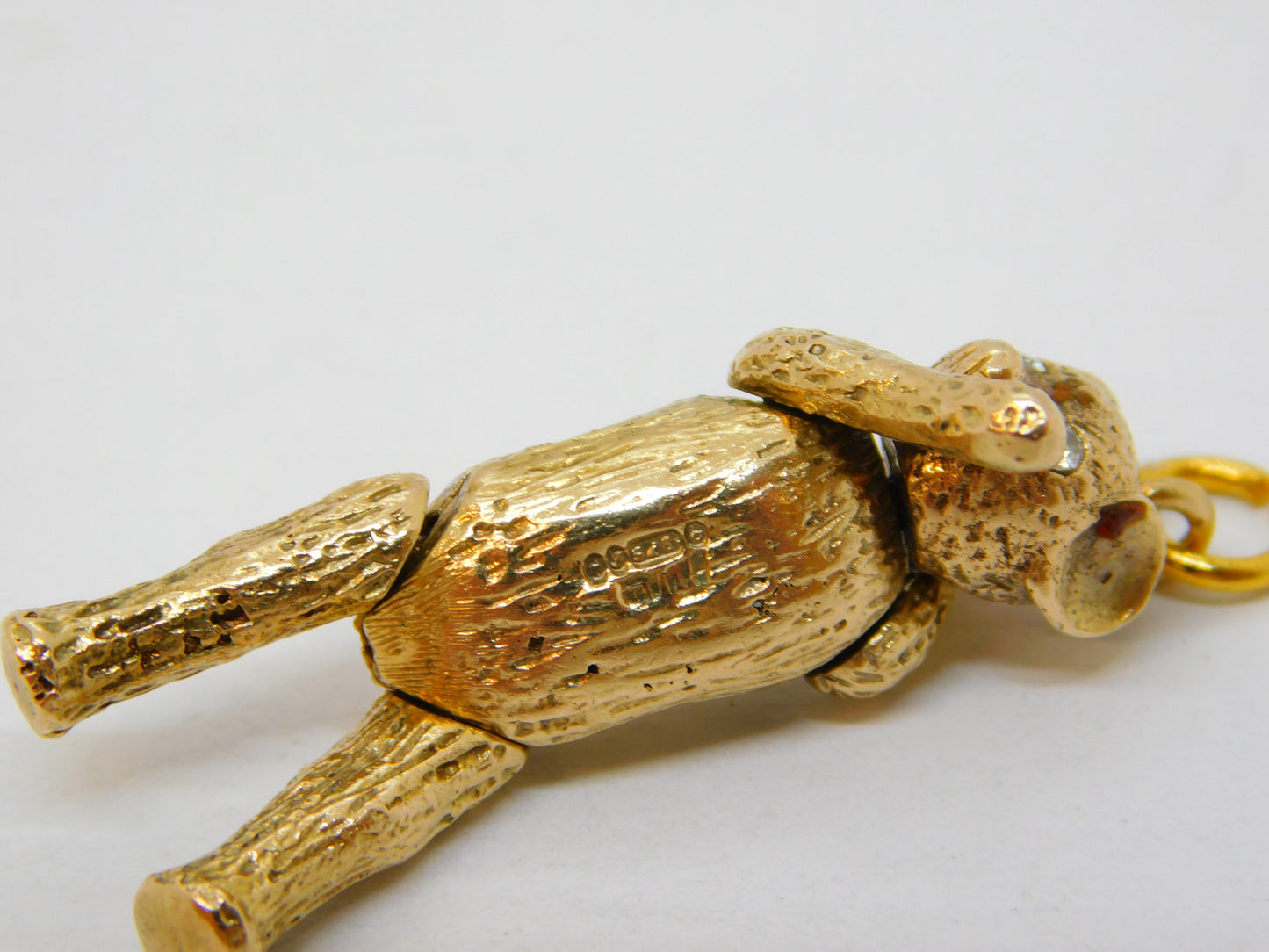 9ct Yellow Gold Diamond Eye Articulated Teddy Bear Pendant Vintage 1966 London