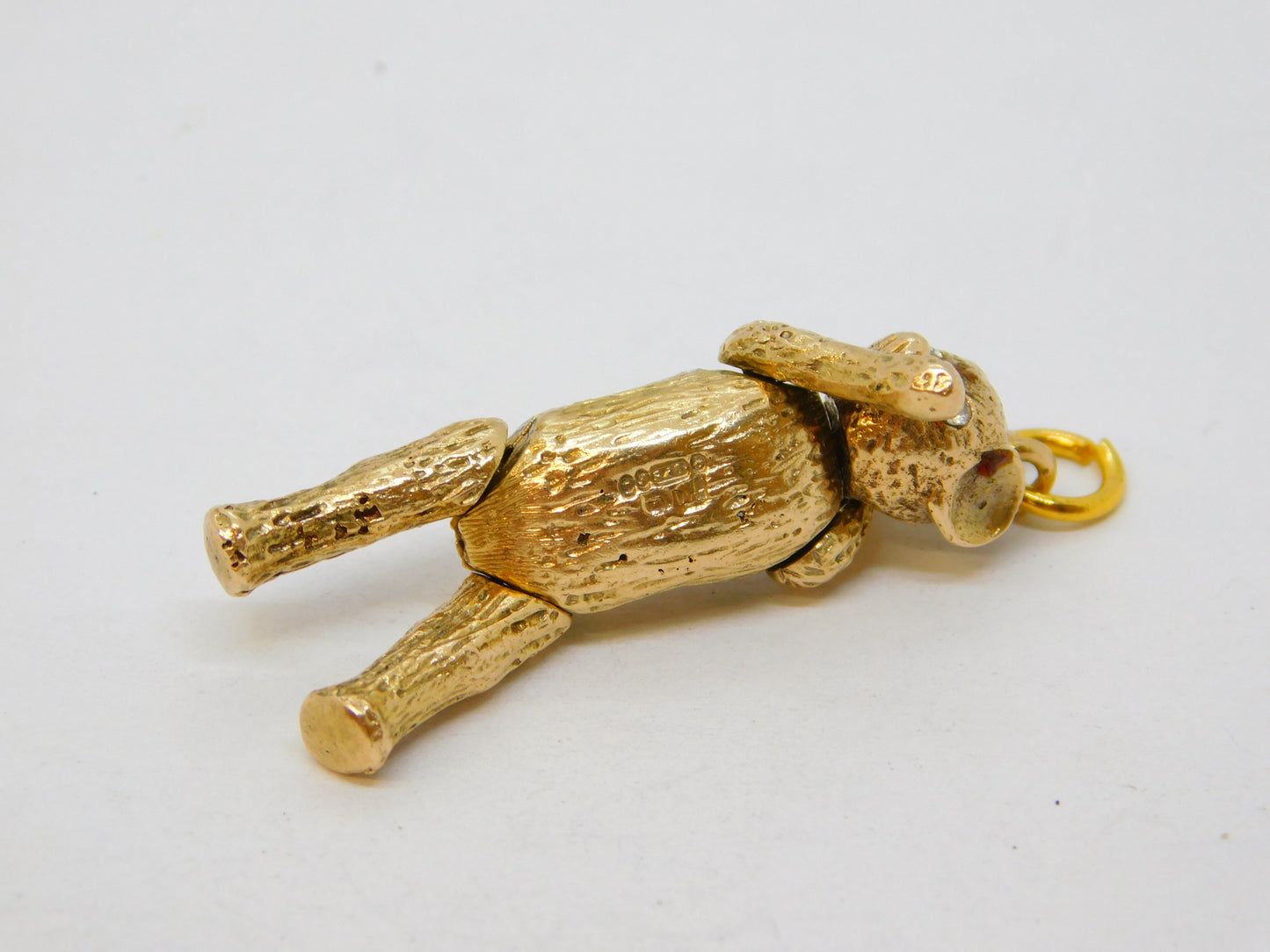9ct Yellow Gold Diamond Eye Articulated Teddy Bear Pendant Vintage 1966 London