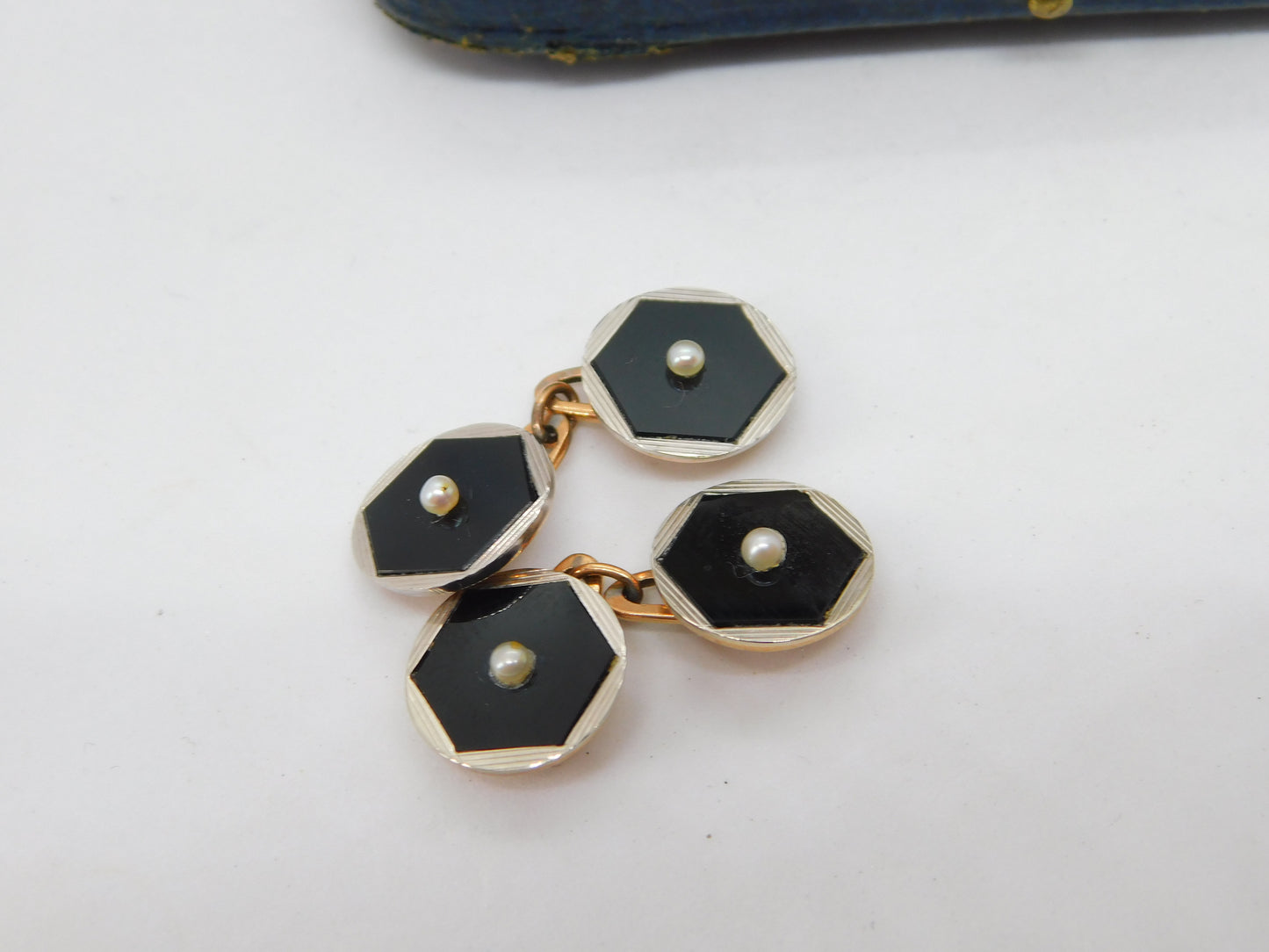Boxed Victorian 9ct Rose Gold, Enamel & Pearl Stud, Cufflinks, Button Set c1880