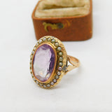Victorian 9ct Gold, Seed Pearl & Amethyst Dress Ring Antique c1860 Size M UK