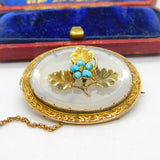 Victorian 9ct Yellow Gold, Chalcedony & Turquoise Set Oak Leaf Brooch c1860