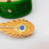 18ct Tri-Colour Gold & Sapphire Peacock Feather Dress Brooch Vintage c1980