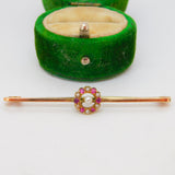 Edwardian 9ct Gold, Ruby & Seed Pearl Floral Dress Brooch Antique c1910