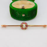 Edwardian 9ct Gold, Ruby & Seed Pearl Floral Dress Brooch Antique c1910