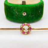 Edwardian 9ct Gold, Ruby & Seed Pearl Floral Dress Brooch Antique c1910