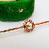 Edwardian 9ct Gold, Ruby & Seed Pearl Floral Dress Brooch Antique c1910