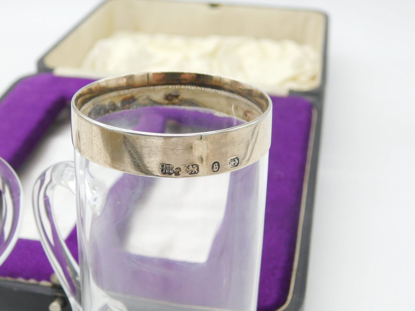 Victorian Pair of Sterling Silver Gilt & Glass Toddy Mugs Boxed 1873 Birmingham