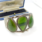 Sterling Silver & Large Nephrite Jade Panel Bangle Bracelet Antique c1920