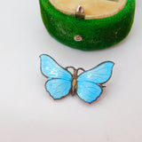 Sterling Silver Blue-White Guilloche Enamel Butterfly Brooch Antique c1920