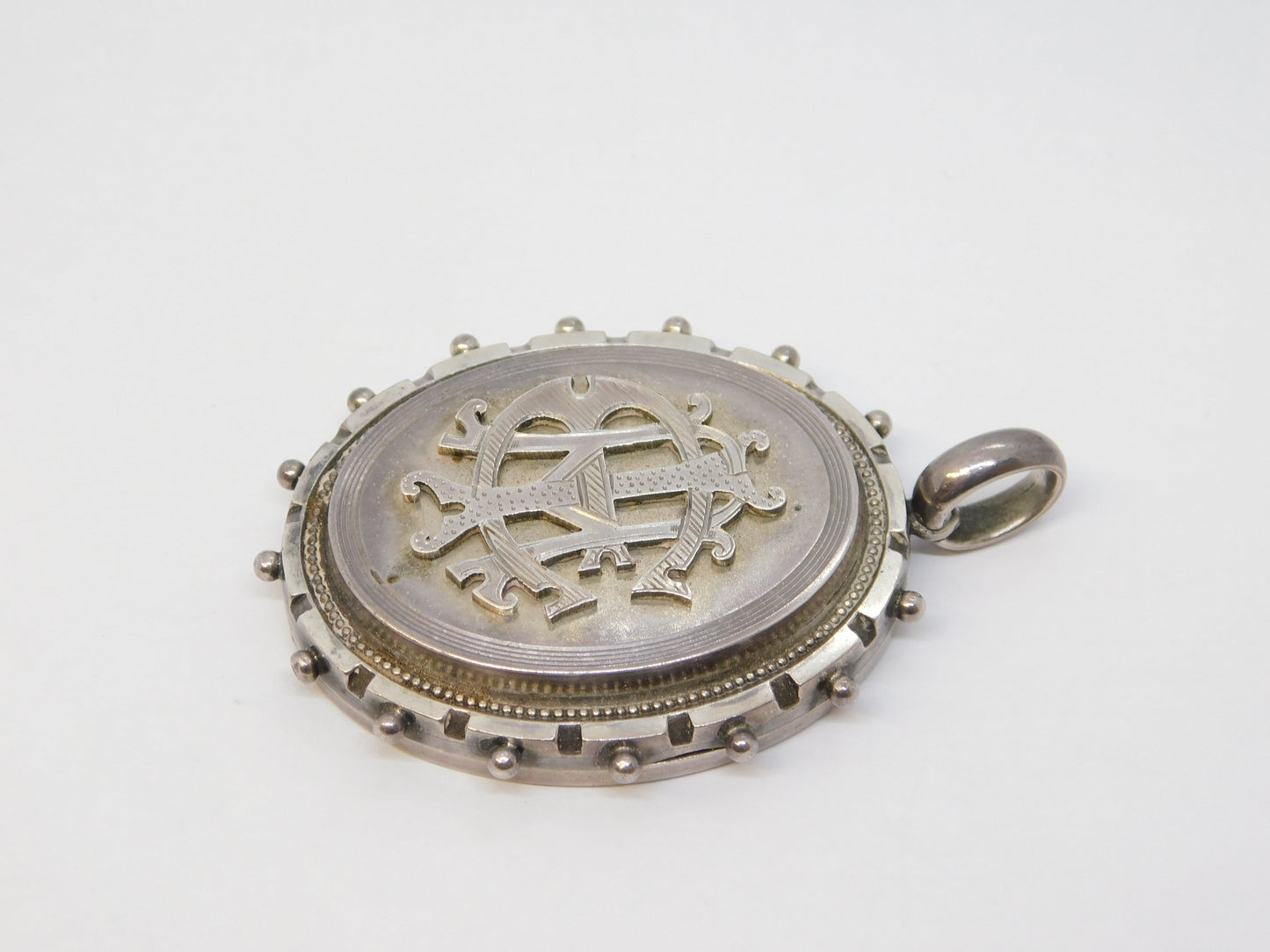 Victorian Sterling Silver Monogram Sweetheart Locket Pendant Antique c1880