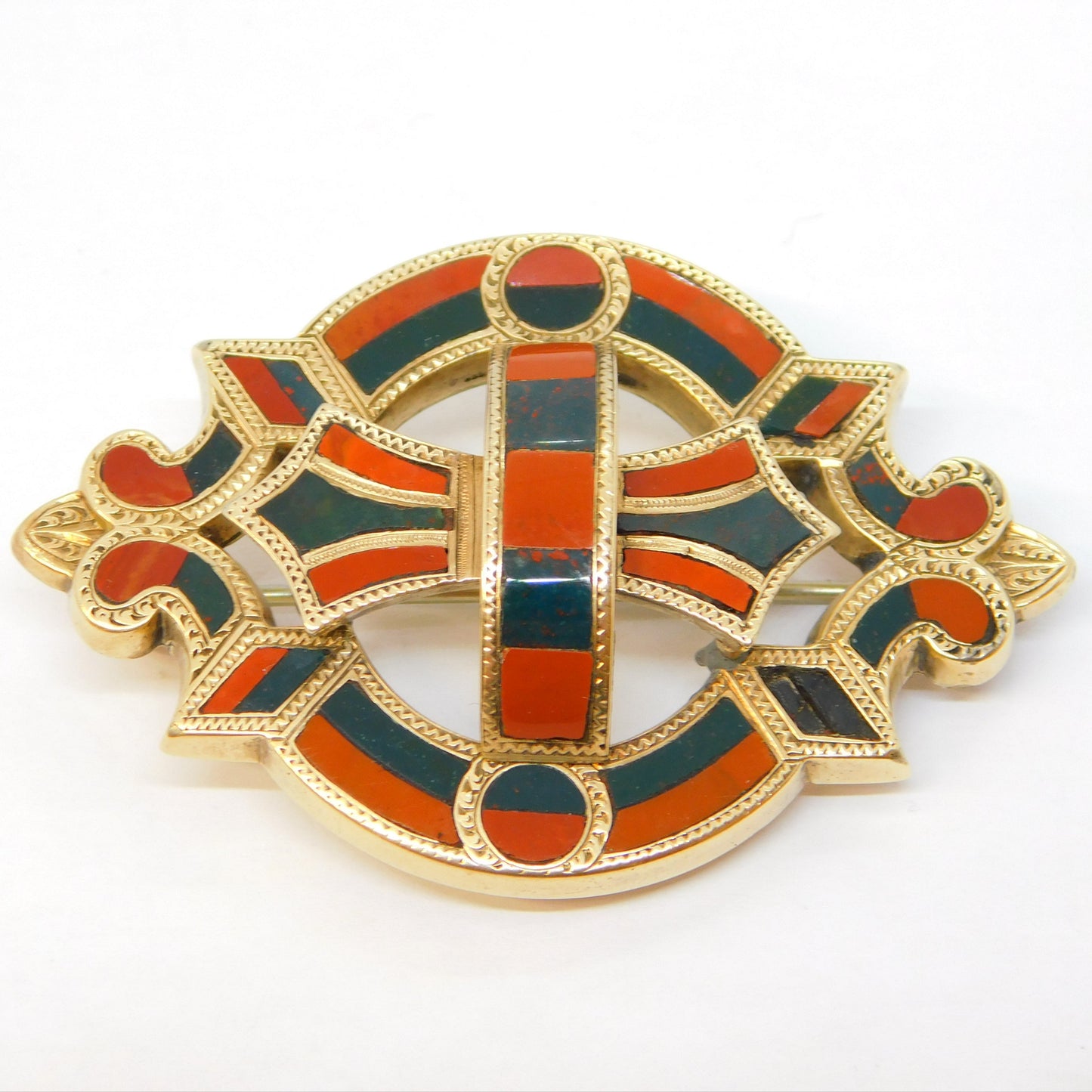Victorian Scottish 9ct Gold, Bloodstone, Carnelian Agate Kilt Brooch Antique c1860