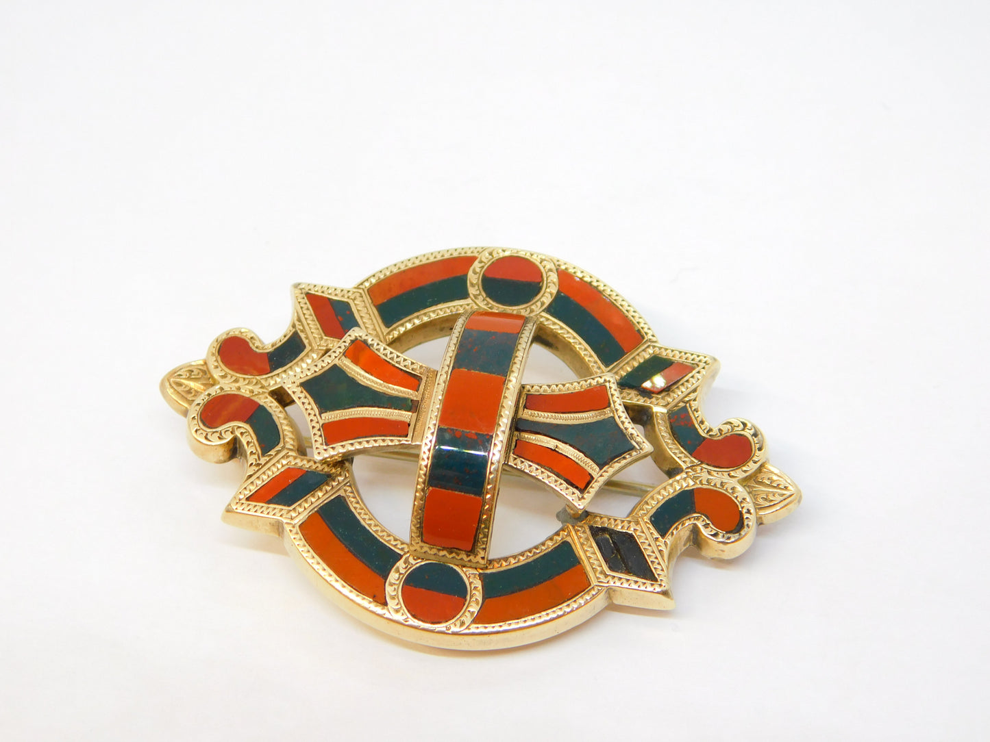 Victorian Scottish 9ct Gold, Bloodstone, Carnelian Agate Kilt Brooch Antique c1860