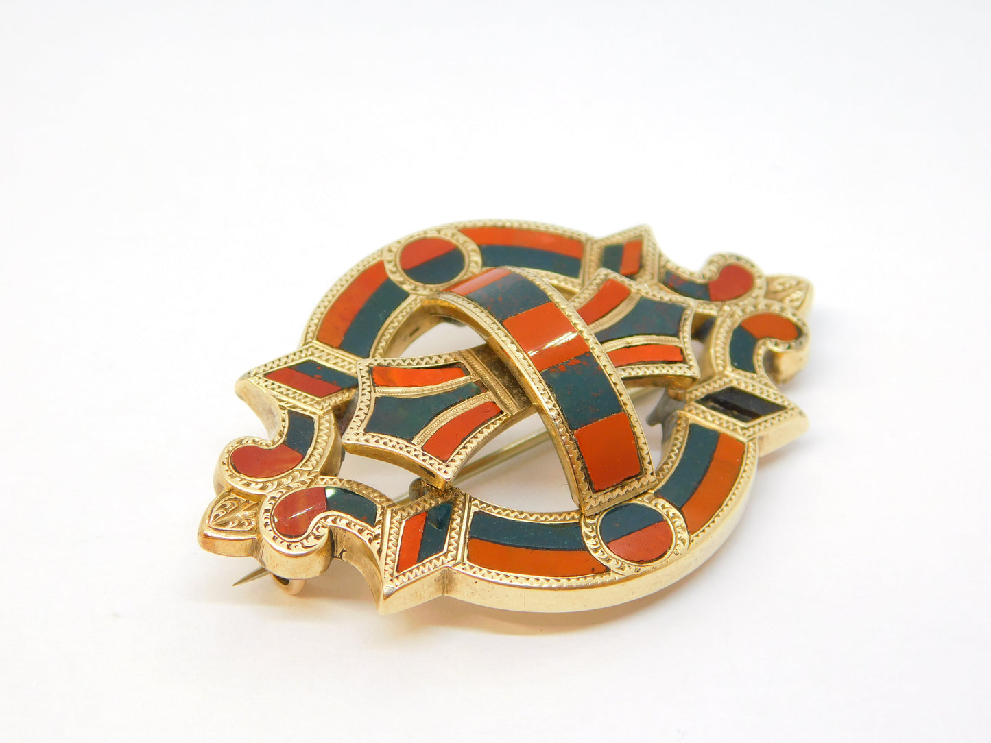 Victorian Scottish 9ct Gold, Bloodstone, Carnelian Agate Kilt Brooch Antique c1860
