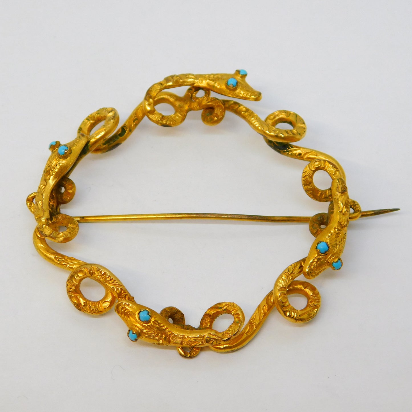 Victorian 9ct Yellow Gold & Turquoise Entwined Snake Brooch Antique c1860