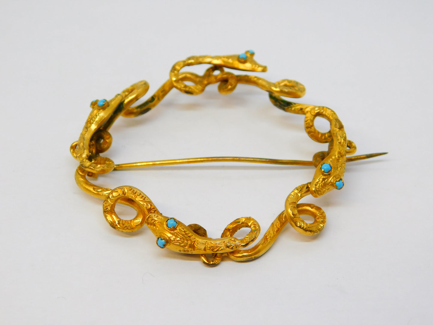 Victorian 9ct Yellow Gold & Turquoise Entwined Snake Brooch Antique c1860