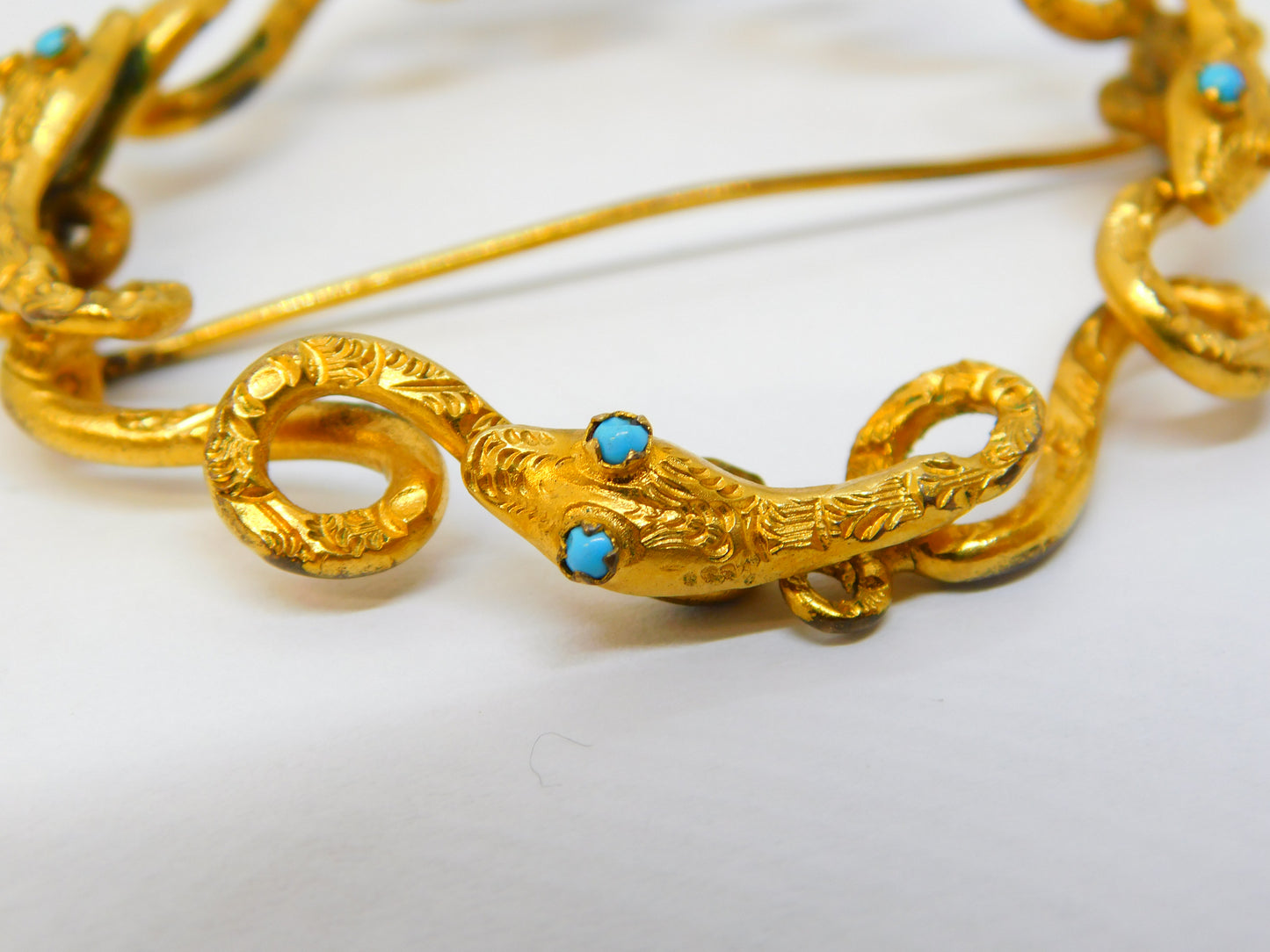 Victorian 9ct Yellow Gold & Turquoise Entwined Snake Brooch Antique c1860