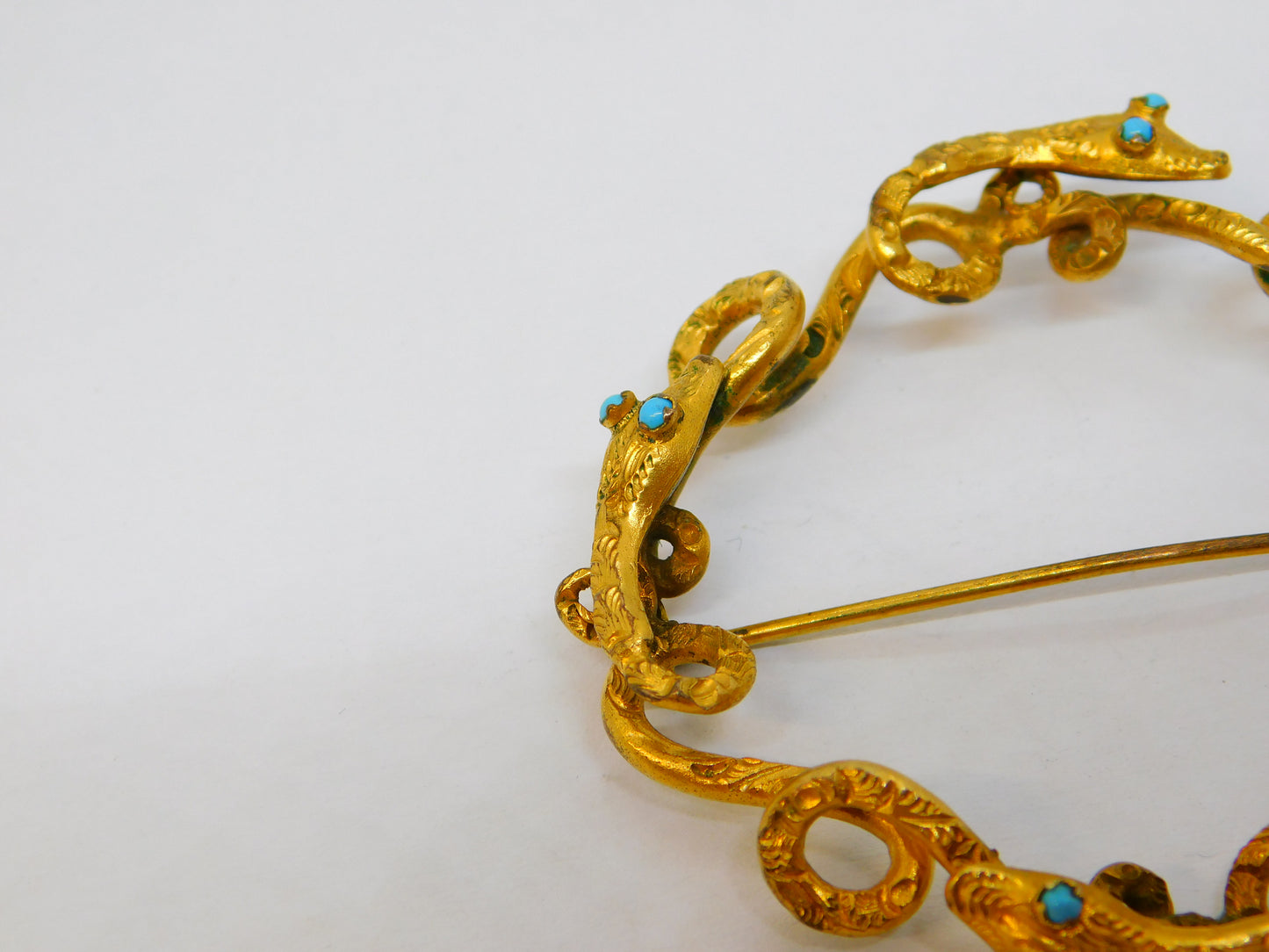 Victorian 9ct Yellow Gold & Turquoise Entwined Snake Brooch Antique c1860