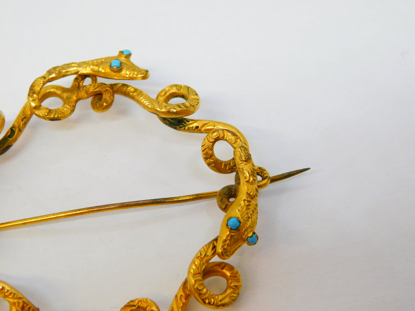 Victorian 9ct Yellow Gold & Turquoise Entwined Snake Brooch Antique c1860