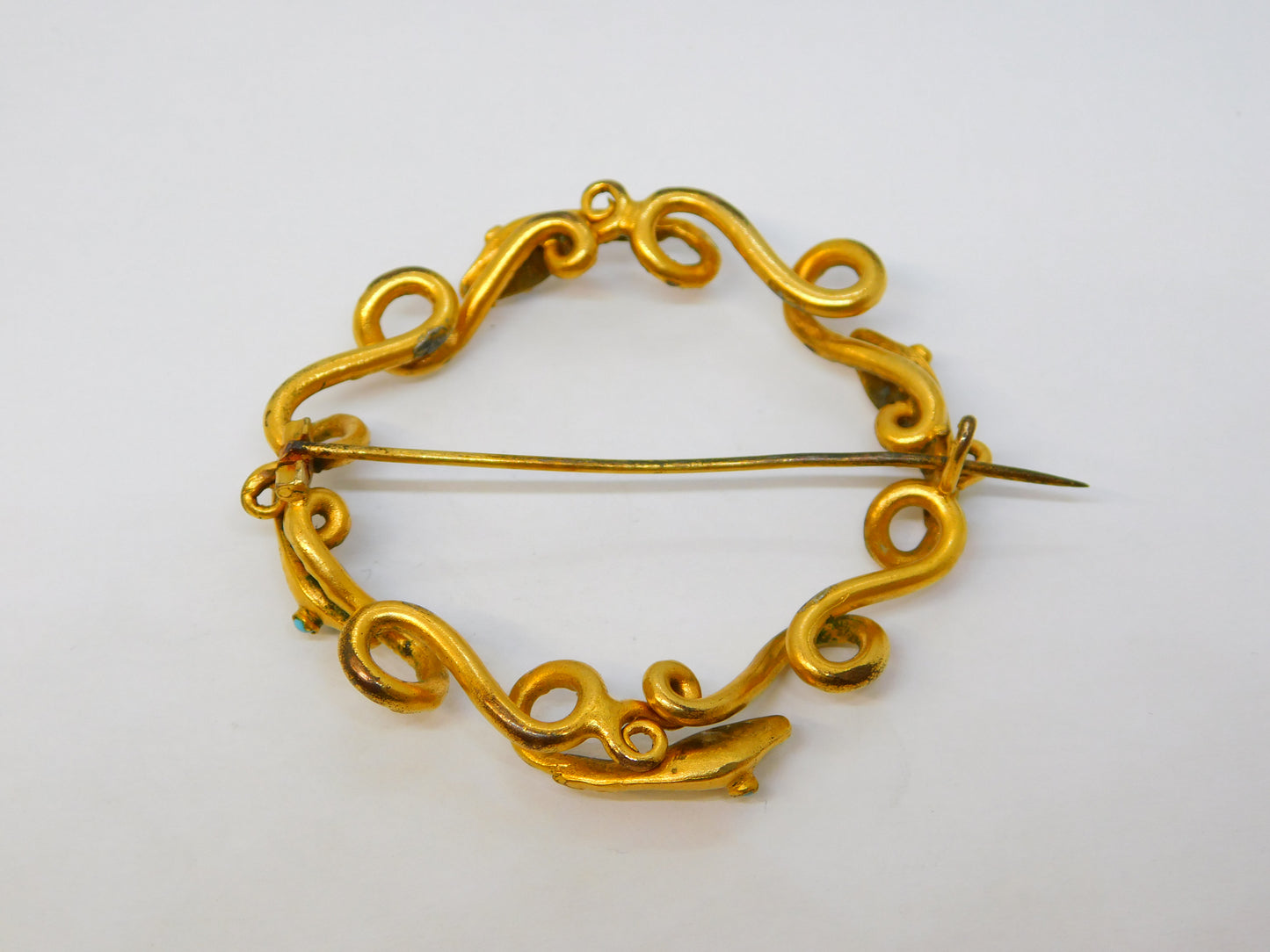 Victorian 9ct Yellow Gold & Turquoise Entwined Snake Brooch Antique c1860