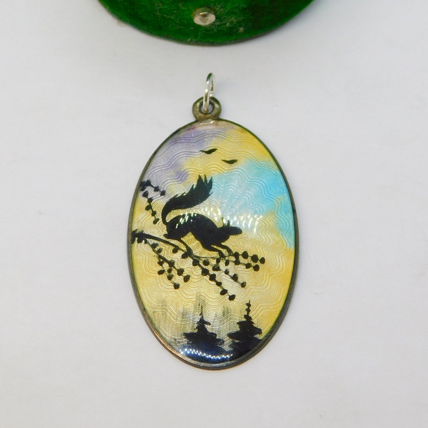 Norway Sterlong Silver Guilloche Enamel Squirrel Sunset Pendant Antique c1930
