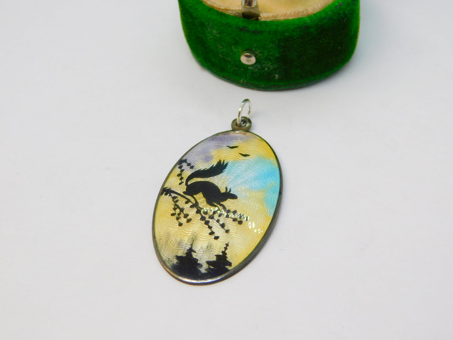Norway Sterlong Silver Guilloche Enamel Squirrel Sunset Pendant Antique c1930