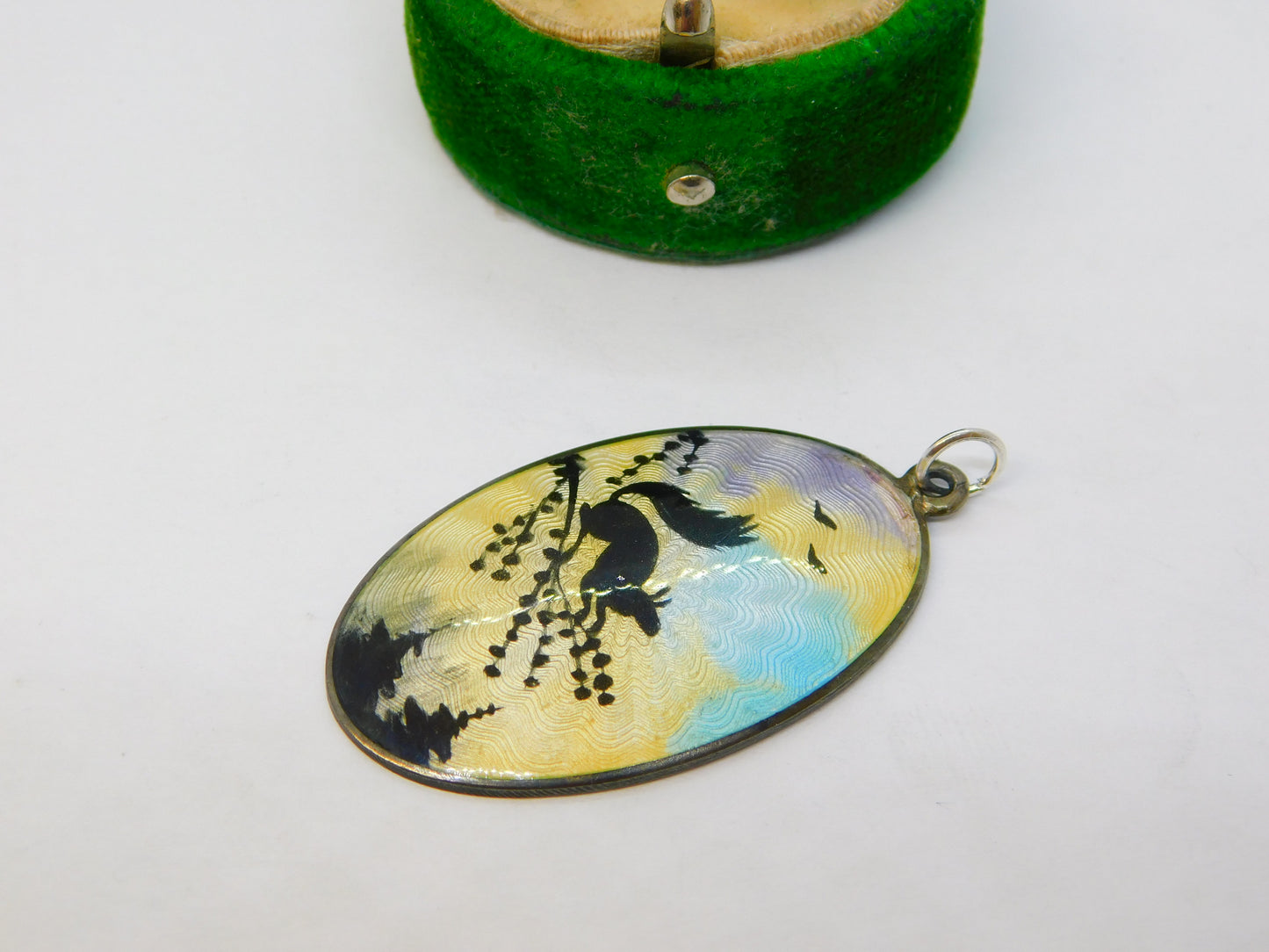 Norway Sterlong Silver Guilloche Enamel Squirrel Sunset Pendant Antique c1930