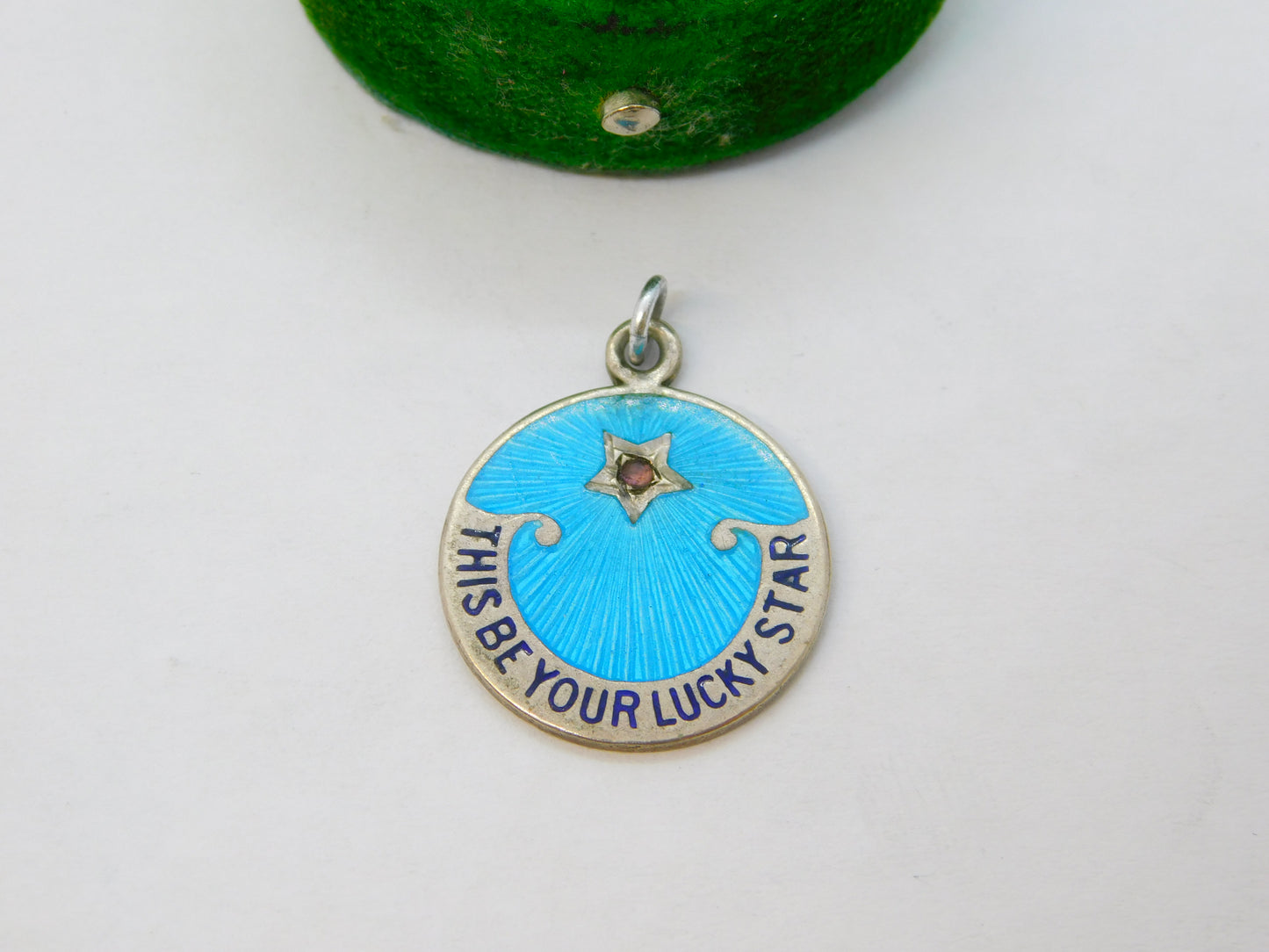 19th Century Sterling Silver Guilloche Enamel 'This Be Your Lucky Star' Pendant c1900