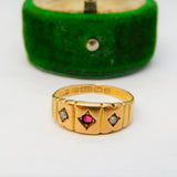 Victorian 15ct Yellow Gold, Garnet & Pearl Boat Ring Antique 1886 Birmingham