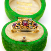 Victorian 15ct Yellow Gold, Garnet, Tourmaline & Seed Pearl Dress Ring Antique 1871 Birmingham