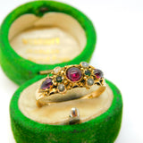 Victorian 15ct Yellow Gold, Garnet, Tourmaline & Seed Pearl Dress Ring Antique 1871 Birmingham