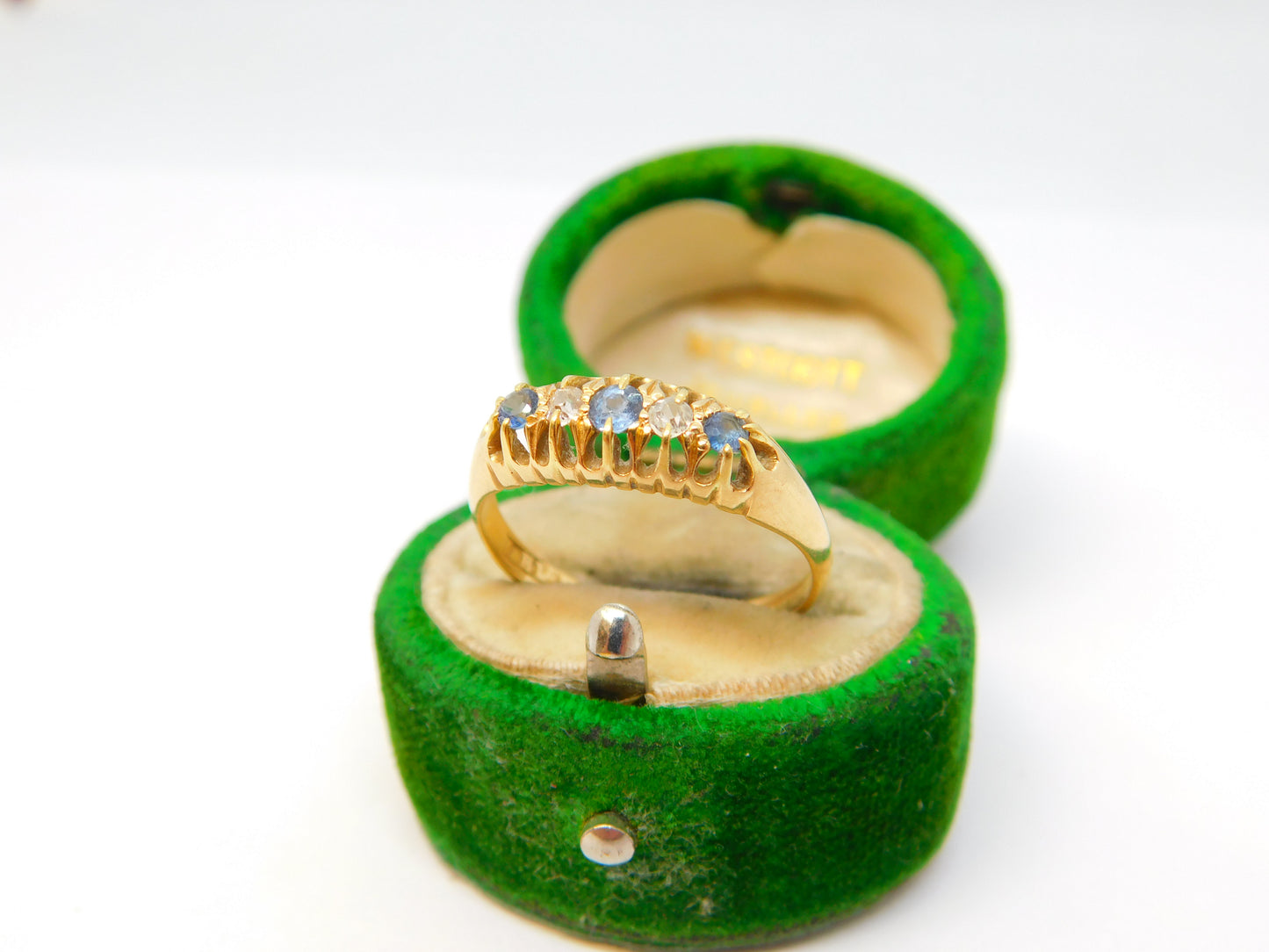 Edwardian 18ct Gold, Sapphire & Diamond Boat Ring Antique 1903 Chester