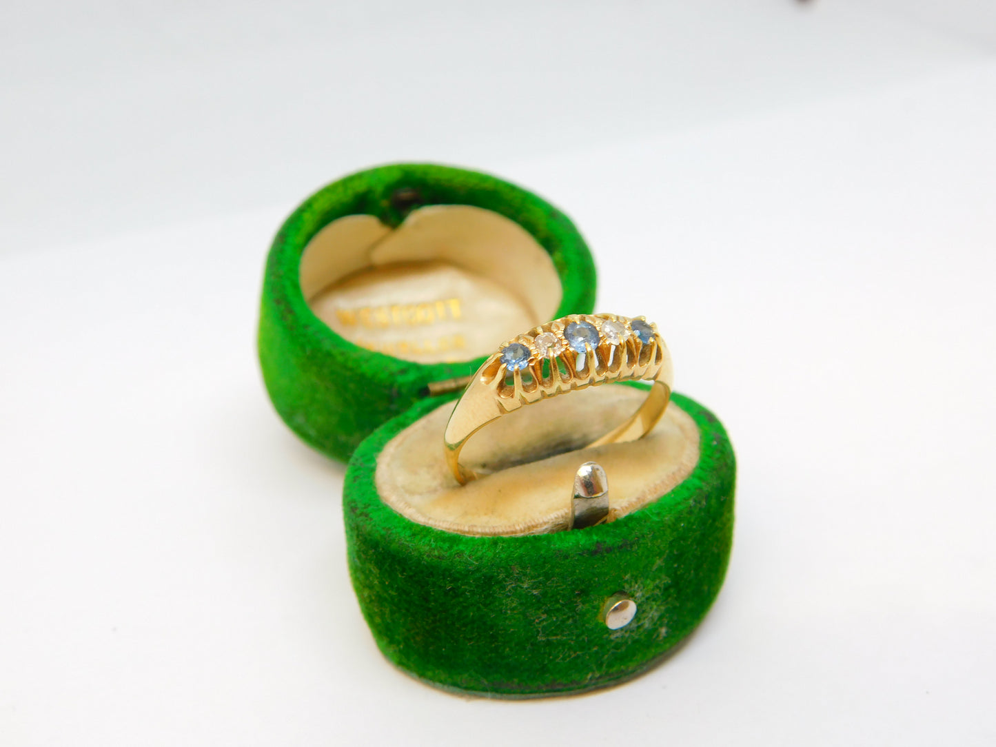 Edwardian 18ct Gold, Sapphire & Diamond Boat Ring Antique 1903 Chester