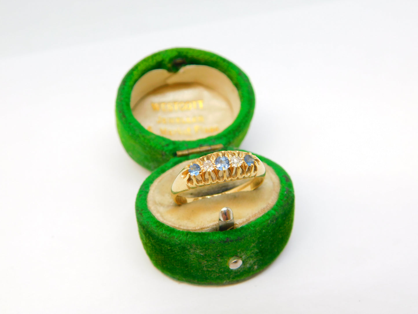 Edwardian 18ct Gold, Sapphire & Diamond Boat Ring Antique 1903 Chester