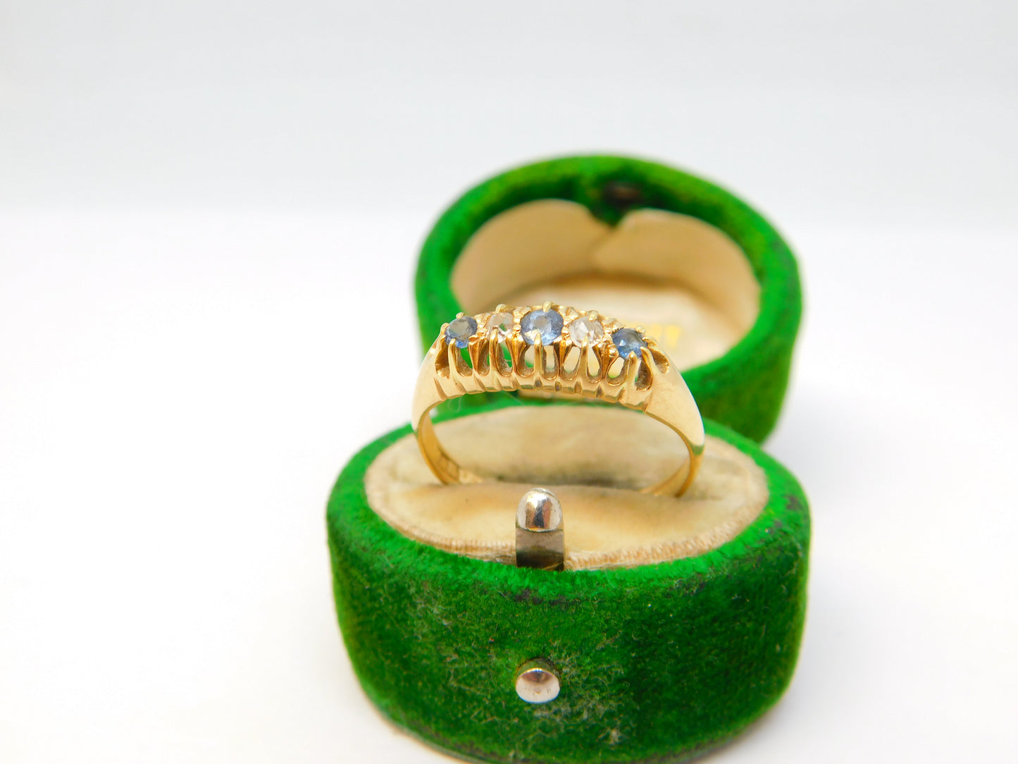 Edwardian 18ct Gold, Sapphire & Diamond Boat Ring Antique 1903 Chester