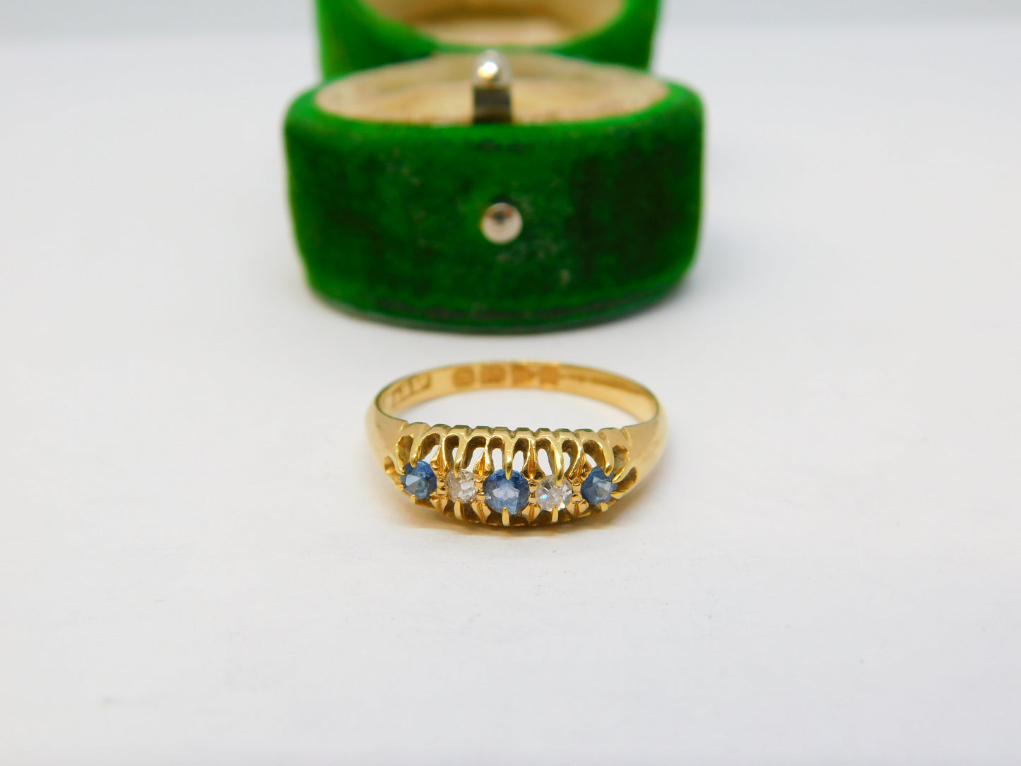 Edwardian 18ct Gold, Sapphire & Diamond Boat Ring Antique 1903 Chester