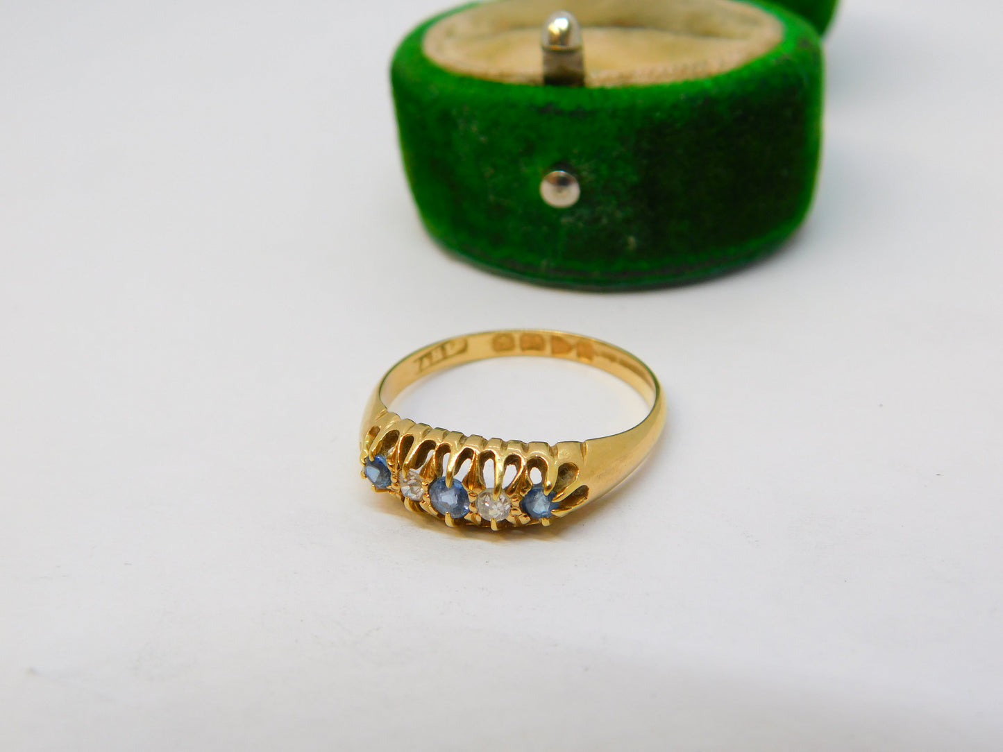 Edwardian 18ct Gold, Sapphire & Diamond Boat Ring Antique 1903 Chester