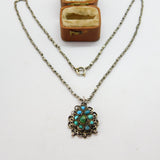 Victorian Sterling Silver Natural Turquoise Set Floral Drop Necklace c1880