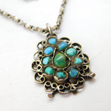 Victorian Sterling Silver Natural Turquoise Set Floral Drop Necklace c1880