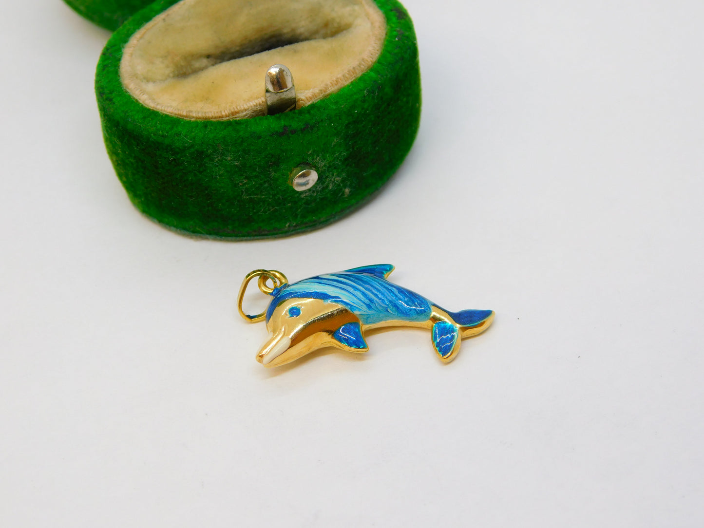 9ct Yellow Gold & Blue Enamel Leaping Dolphin Charm Pendant Vintage c1990