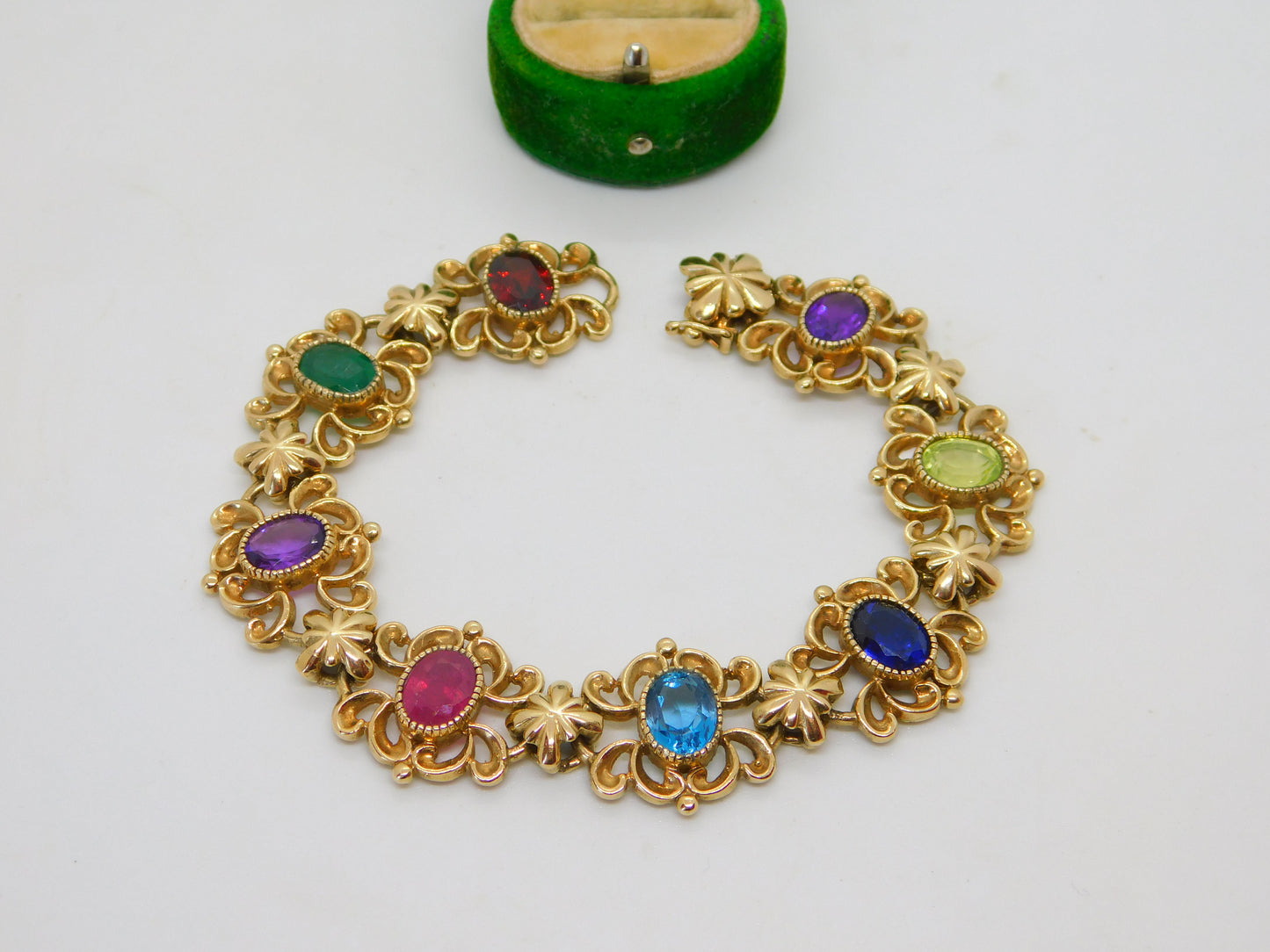 9ct Gold Acrostic Style Floral Stone Set Bracelet Ruby, Emerald Vintage c1990