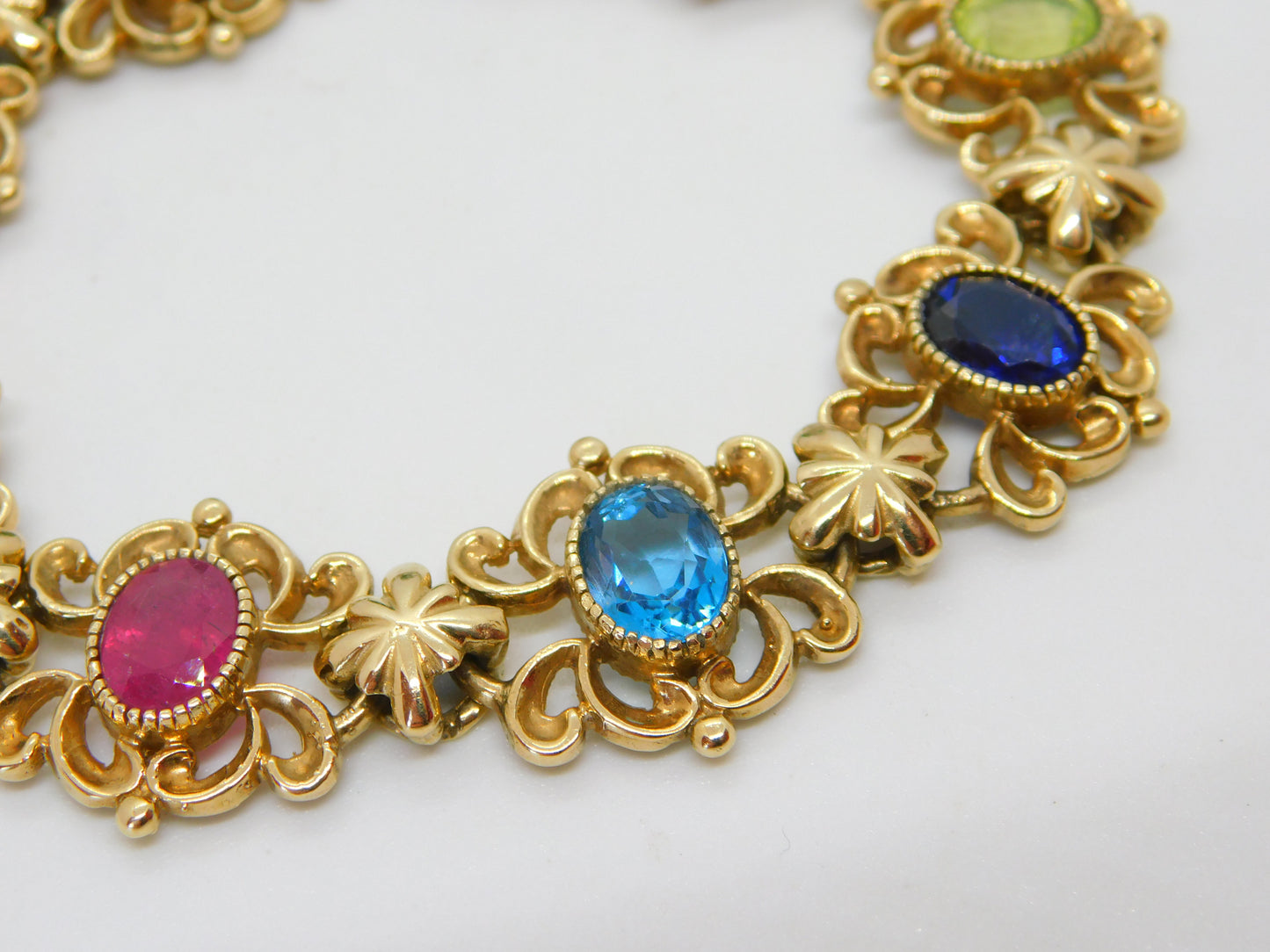 9ct Gold Acrostic Style Floral Stone Set Bracelet Ruby, Emerald Vintage c1990